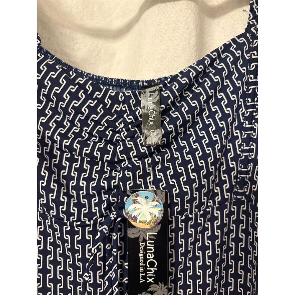 LunaChix Women's Blue Chain Print Bell Sleeve Tunic Dress Casual, sz M - Picture 4 of 9